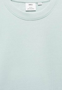 Helles grünes Sweatshirt aus strukturiertem Stoff. Verfügt über einen gerippten Halsausschnitt und ein eingenähtes Etikett auf der Rückseite des Halses.