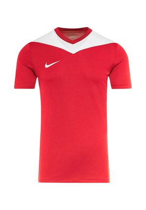 Rotes kurzärmeliges Sporttrikot mit weißem V-förmigem Brustpanel und weißem Nike-Logo auf der rechten Brustseite.
