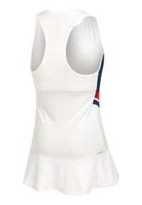 Valge sportlik tank top flared hem-iga, millel on sinised ja punased küljeribad, valmistatud niiskust hülgavast kangast ning hingavast võrkkangast seljaosast.