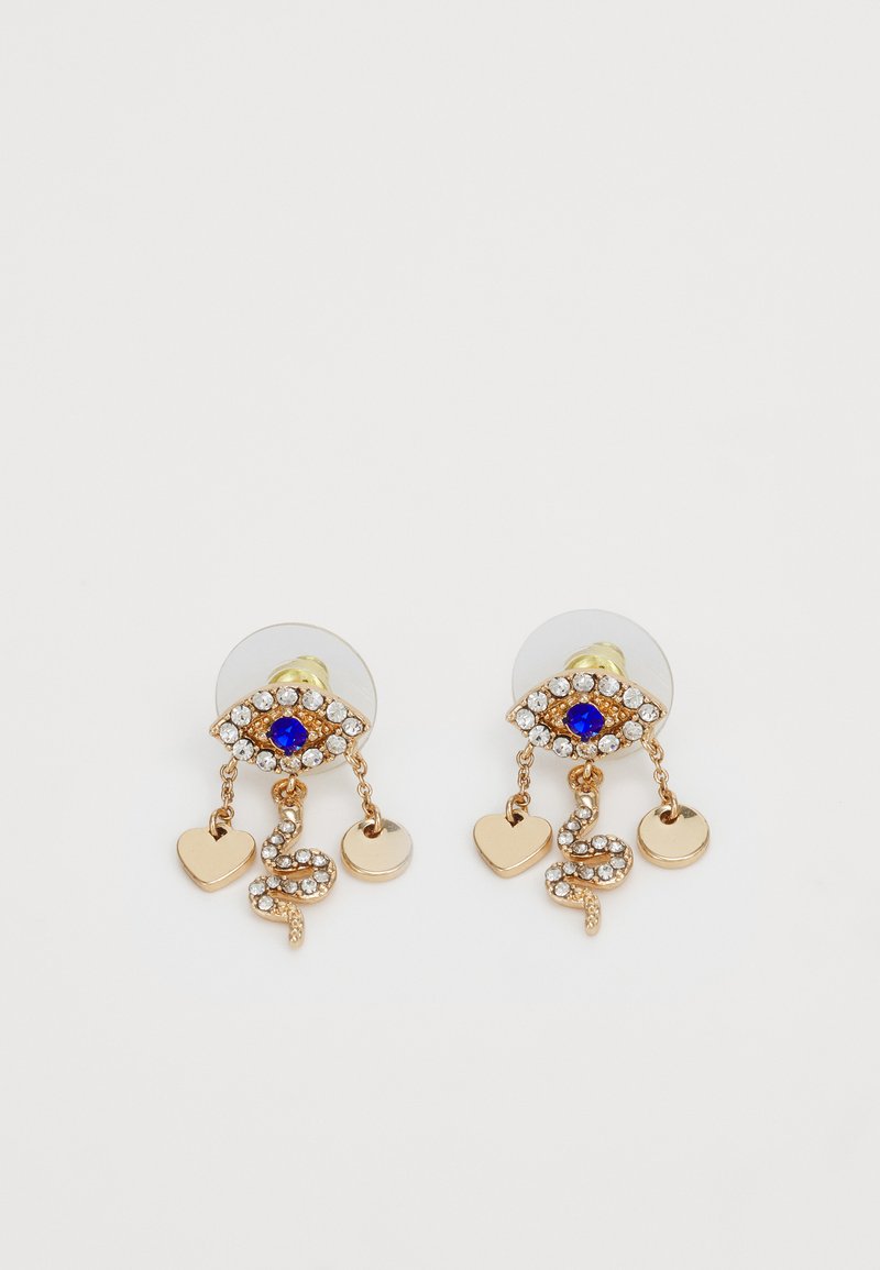 Gullfargede øreringer med et bejeweled øye-design med blå stein-detaljer, hengende kjeder med hjerte- og runde anheng.