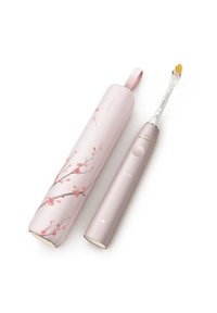 Spazzolino elettrico in un delicato rosa con accenti argentati, dotato di un astuccio con motivo floreale. Design pulito con impugnatura in gomma e luce indicatrice.