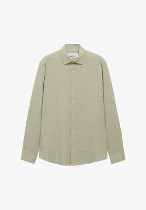 Lange mouwen, lichtgroen overhemd met knopen, met een gestructureerd patroon, een puntige kraag en witte knopen aan de voorkant.