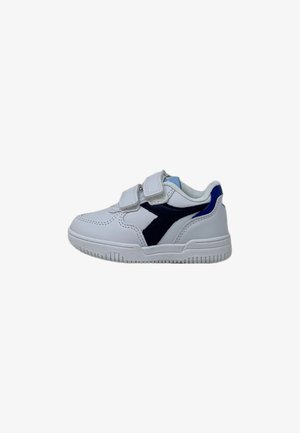 White athletic shoe with a navy blue accent, Velcro straps, textured rubber sole, and a rounded toe design.