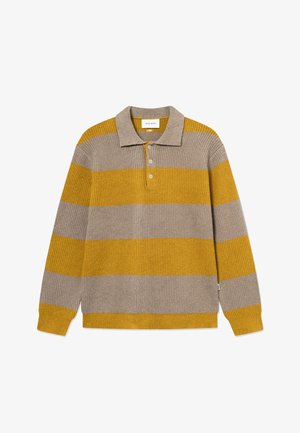 Polo-Pullover mit langen Ärmeln, der abwechselnd gestreift ist in Senfgelb und Beige. Texturiertes, geripptes Material mit drei Knöpfen.