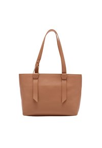 Brązowa skórzana torba na ramię z dwoma górnymi uchwytami, o teksturowanym wykończeniu i płaskim, prostokątnym kształcie. Widoczne szwy, bez dodatkowych akcentów.