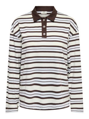 Pika varrukaga triibuline polo särk, mis on pruunide ja valgete horisontaalsete triipudega, pruun krae ja kolm dekoratiivset nööbikest plaketil.