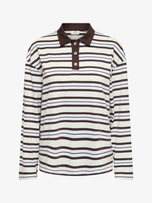 Polo à manches longues rayé avec des rayures horizontales marron et blanches, un col marron, et trois boutons décoratifs sur la patte de boutonnage.