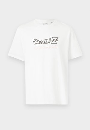 T-shirt en coton blanc avec un logo noir "Dragonball Z" et des cercles oranges en dessous. Encolure classique et manches courtes.