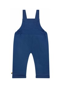 Salopette blu per bambini in taglia toddler con spalline regolabili e lati elasticizzati, realizzata in tessuto morbido con polsini arrotolati.