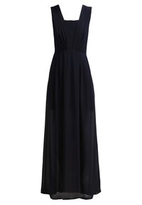 Robe longue noire sans manches avec un profond décolleté en V et un détail de tissu froncé au niveau de la poitrine, tombant droit jusqu'au sol.