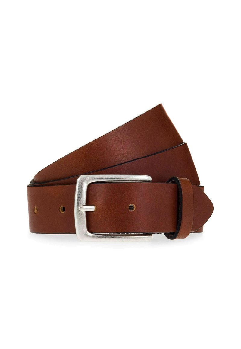 Cintura in pelle marrone con fibbia in metallo argento, texture liscia e numerosi fori di regolazione sulla cinghia per una vestibilità personalizzata.