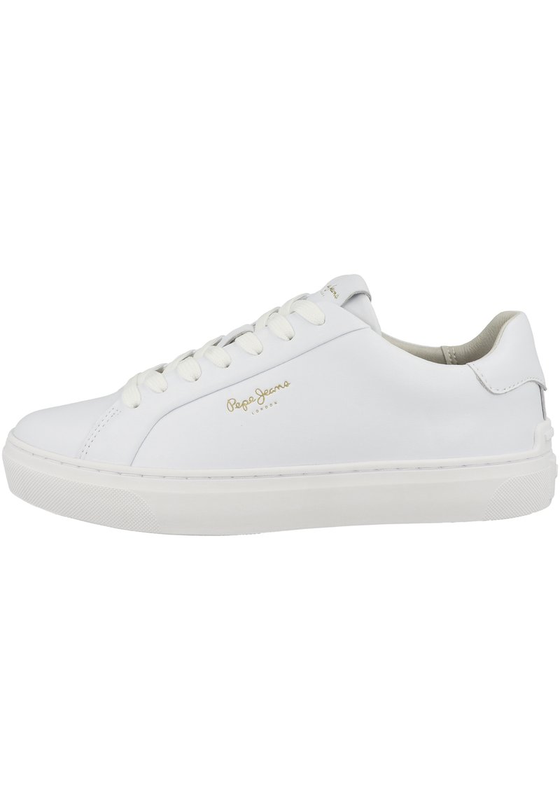 White sneaker with a smooth texture, featuring flat laces, a rounded toe, and subtle branding in gold. Rubber sole with patterned grip.