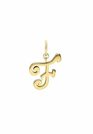 Gouden hanger in de vorm van een decoratieve sierletter F met een kleine lus om aan een ketting of armband te bevestigen.
