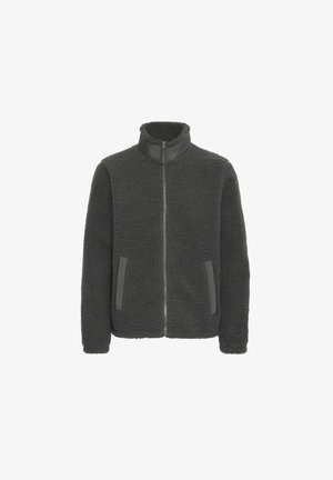 Fleecejacke in Dunkelgrau mit Reißverschluss, hohem Kragen und zwei seitlichen Taschen; strukturiertes Material mit glatten Akzenten am Kragen und den Taschen.