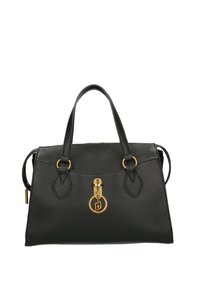 Borsa a tracolla in pelle nera con hardware dorato, doppi manici e un accento a forma di lucchetto davanti. Superficie testurizzata con una forma strutturata.