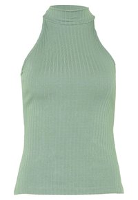 Top sin mangas de color verde claro con canalé, cuello alto y diseño ajustado. Textura suave con rayas verticales y un dobladillo limpio.