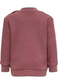 Pull-over à manches longues en maille gaufrée couleur rose poussiéreux avec col et poignets côtelés. Présente un motif texturé et une coupe décontractée.