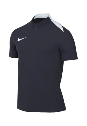 Marineblaues Polohemd mit kurzen Ärmeln, weißen Schulterakzenten und einem weißen Nike Swoosh-Logo auf der Brust.