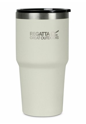 Off-white insulated travel mug with black lid, stainless steel rim, and "Regatta Great Outdoors" logo on front.