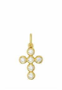 Złoty wisiorek w kształcie krzyża z sześcioma okrągłymi przezroczystymi kamieniami ułożonymi symetrycznie, z pętelką u góry do zawieszenia łańcuszka.