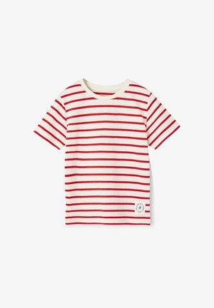 White short-sleeve T-shirt with horizontal red stripes and a small round logo patch near the bottom hem on the front.