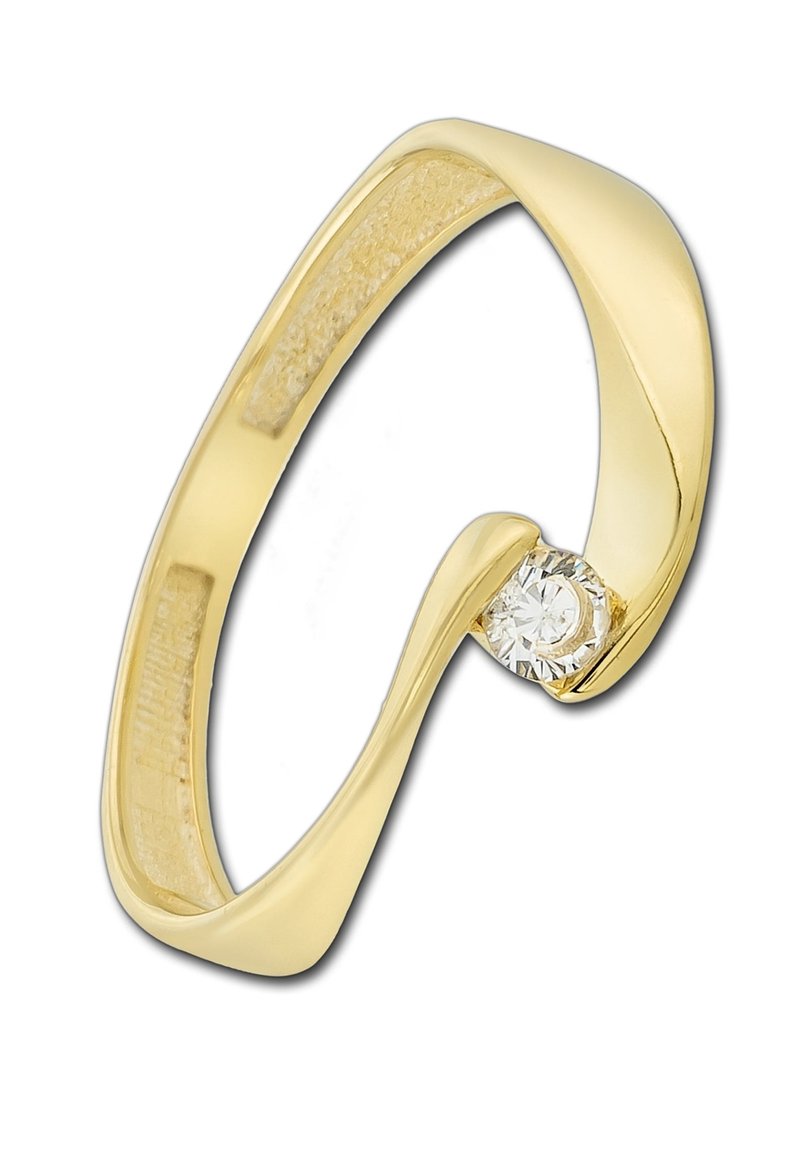 Bague en or avec un design courbé comportant un petit diamant rond serti entre les extrémités ouvertes de l'anneau.