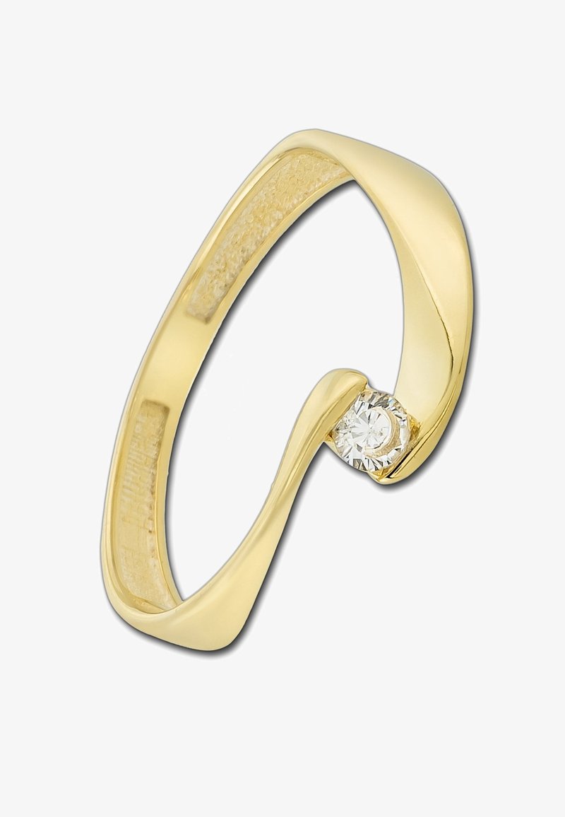 Bague en or avec un design courbé comportant un petit diamant rond serti entre les extrémités ouvertes de l'anneau.