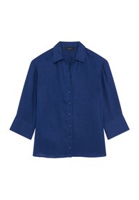 Navyblauw, langemouw, knoopsluiting shirt met een klassieke kraag en een iets losse pasvorm. Gemaakt van lichtgewicht stof met een zachte textuur.