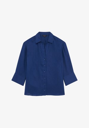 Navyblauw, langemouw, knoopsluiting shirt met een klassieke kraag en een iets losse pasvorm. Gemaakt van lichtgewicht stof met een zachte textuur.