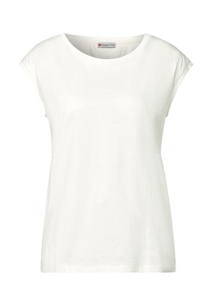 Bílý krátký rukáv tričko s širokým kulatým výstřihem, vyrobené z měkkého materiálu, s volným střihem a rovného lemu. Viditelný št�ítek značky.