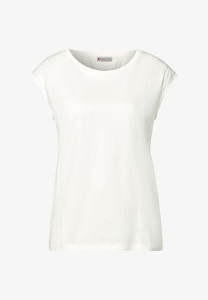 Top bianco a maniche corte con ampia scollatura rotonda, realizzato in tessuto morbido, caratterizzato da una vestibilità rilassata e un orlo dritto. Etichetta del marchio visibile.