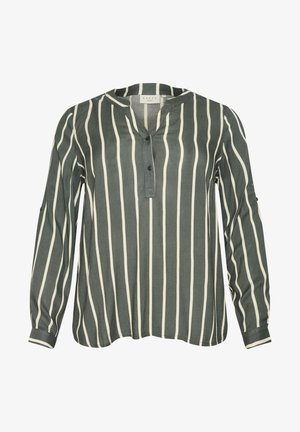 Grön blus med vertikala vita ränder, långa ärmar, knäppning fram och avslappnad passform. Mjuk, lätt tyg med en slät yta.