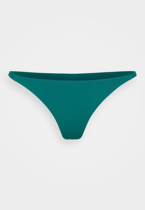 Teal bikini bottom made of smooth, elastic fabric. Features a minimal thong design with a low-rise waistband and seamless edges.