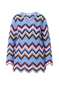 Blå stickad tröja med ett zigzag-mönster i nyanser av marinblått, rött, beige och vitt. Vågad fåll och ribbad halsringning. Långa ärmar.