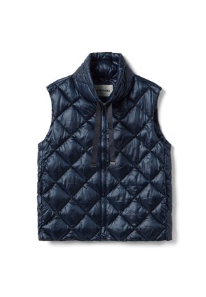 Smanicato trapuntato blu navy con collo alto, cerniera frontale e cordini neri a contrasto. Presenta una texture a motivi a diamante. Materiale leggero.