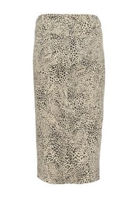 Pencil suknja s leopard uzorkom u bež i crnoj boji, sa uskim dizajnom, glatkom teksturom i elastičnom gumicom za udobnost.