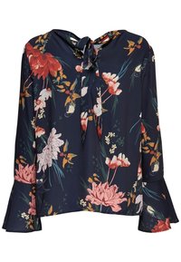 Blusa floreale blu scuro con maniche lunghe, polsini a campana e scollo legato. Presenta grandi fiori rosa, rossi e bianchi con dettagli verdi.