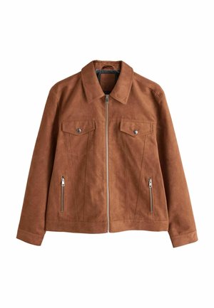 Brown suede jacket featuring a zip closure, two chest pockets, and two side zippers, with a classic collar and smooth texture.
