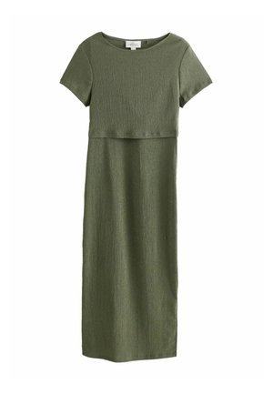 Olive green textured maternity dress with short sleeves, round neckline, and layered bodice detail, knee-length.