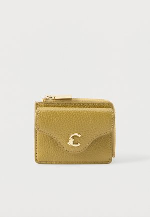Green leather wallet with a textured surface, gold-toned hardware, flap closure, and zippered compartment, featuring a prominent logo.