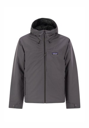 Gray waterproof jacket with a hood, front zipper, chest pocket, and side pockets. Features adjustable drawstrings and minimalistic design.