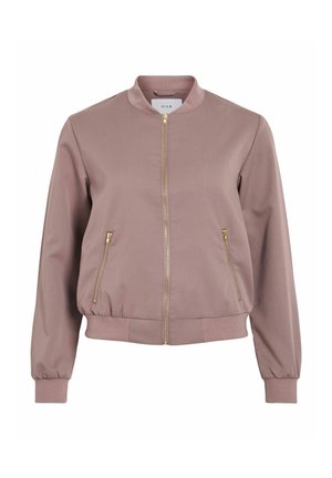 Svijetlo ružičasta bomber jakna od glatkog materijala s rebrastim ovratnikom, manžetama i rubom, koja se zatvara zlatnim rajsferšlusom i ima dva bočna džepa s rajsferšlusom.