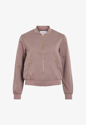 Svijetlo ružičasta bomber jakna od glatkog materijala s rebrastim ovratnikom, manžetama i rubom, koja se zatvara zlatnim rajsferšlusom i ima dva bočna džepa s rajsferšlusom.