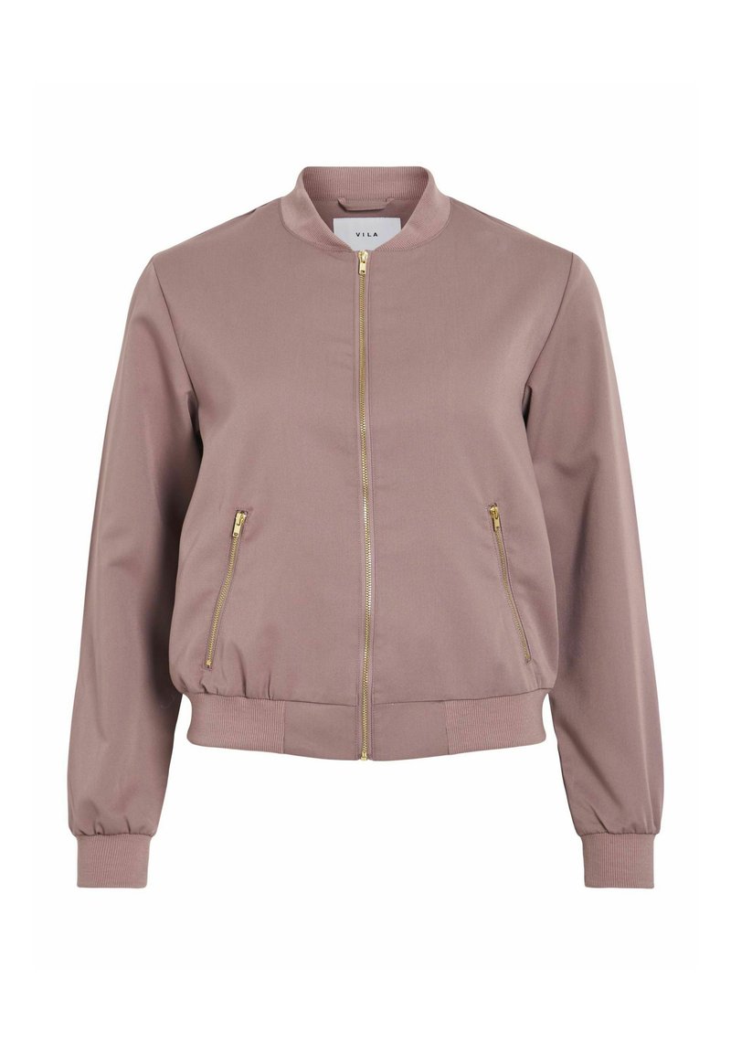 Hellrosa Bomberjacke aus glattem Material mit geripptem Kragen, Bündchen und Saum, ausgestattet mit einem goldenen Reißverschluss und zwei seitlichen Reißverschlusstaschen.