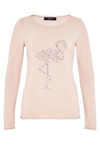 Jasnoróżowy sweter z długim rękawem, okrągłym dekoltem i haftem flaminga z cekinami umieszczonym centralnie na przodzie.