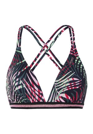 Driehoek bikini-top met zwarte, roze en groene tropische bladerenpatronen. Heeft dunne, gekruiste banden en een sprankelende zwarte band aan de onderkant.
