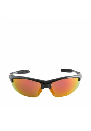 Sporty black-framed sunglasses with wraparound mirrored lenses in orange and yellow gradient, designed for outdoor use.