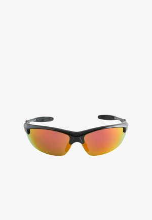 Sporty black-framed sunglasses with wraparound mirrored lenses in orange and yellow gradient, designed for outdoor use.
