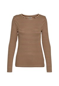 Haut à manches longues en maille côtelée avec des rayures brunes et beiges alternées, un col rond et une silhouette ajustée. Texture lisse.