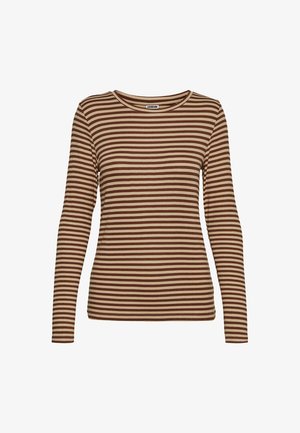 Haut à manches longues en maille côtelée avec des rayures brunes et beiges alternées, un col rond et une silhouette ajustée. Texture lisse.